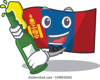 Flag mongolia Scroll with bottle of beer mascot cartoon style
