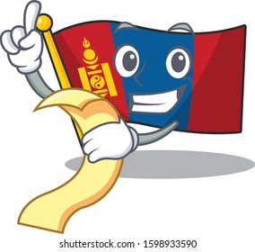 Flag mongolia Scroll cartoon character holding menu ready to serve