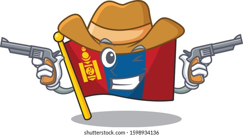 Flag mongolia Scroll mascot performed as a Cowboy with guns