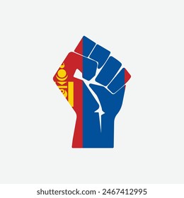 Flag of Mongolia in the shape of raised hand sign isolated on background. Fist symbol modern, simple, vector, icon for website design, mobile app, ui. Vector Illustration