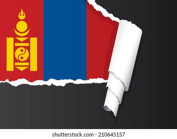 Flag of Mongolia under ripped paper vector illustration.