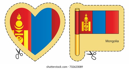 Flag of Mongolia. Vector cut sign here, isolated on white. Can be used for design, stickers, souvenirs.
