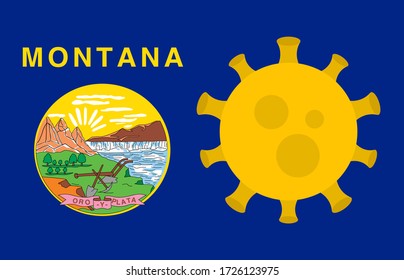 Bandera del Estado de Montana con virus de brote Antecedentes de la bandera del Estado de los Estados Unidos. Enfermedad del Coronavirus Novedoso COVID-19. Infección Por Coronavirus Y Epidemia En Estados Unidos. Bloqueo de EE.UU.