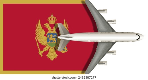 Flag of Montenegro with an airplane flying over it close up. Vector image.