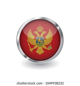 Flag of montenegro, button with metal frame and shadow. montenegro flag vector icon, badge with glossy effect and metallic border. Realistic vector illustration on white background.