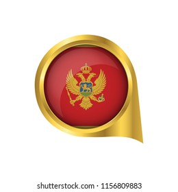 Flag of Montenegro, location map pin, pointer flag Montenegro, button gold, Icon country . Vector Illustration EPS10.