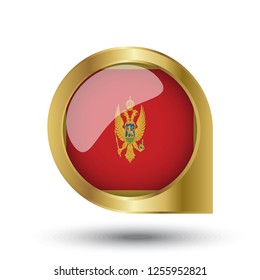 Flag of Montenegro, location map pin, pointer flag, button with the reflection of light and shadow, gold frame, Icon country. Realistic vector illustration on white background.