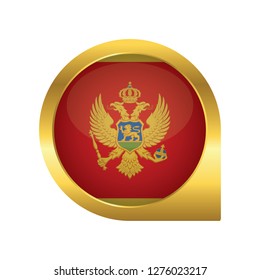 Flag of Montenegro, location map pin, pointer flag, button with the reflection of light and shadow, gold frame, Icon country. Realistic vector illustration on white background.