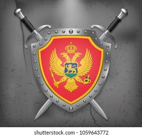 Flag of Montenegro. The Shield with National Flag. Two Crossed Swords. Vector Medieval Background