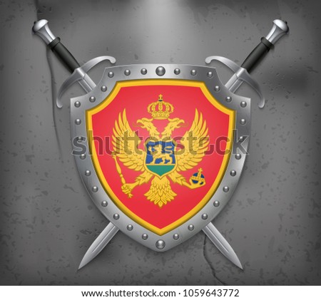 Flag of Montenegro. The Shield with National Flag. Two Crossed Swords. Vector Medieval Background