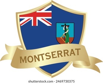 Flag of montserrat as around the metal gold shield with montserrat flag