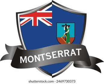 Flag of montserrat as around the metal silver shield with montserrat flag