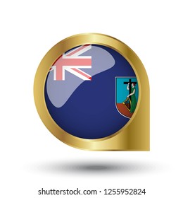 Flag of Montserrat, location map pin, pointer flag, button with the reflection of light and shadow, gold frame, Icon country. Realistic vector illustration on white background.