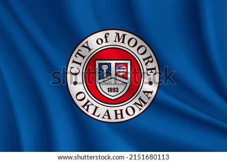 Flag of Moore, Oklahoma, USA. Realistic waving flag of Moore vector background.