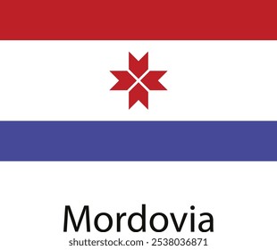 A bandeira de Mordovia, uma república na Rússia, apresenta uma estrela vermelha em um fundo branco com listras horizontais vermelhas, brancas e azuis.