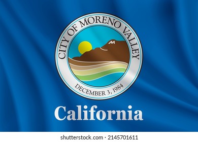 Bandera de Moreno Valley, California, Estados Unidos. Bandera ondulante realista del fondo vectorial del valle de Moreno.