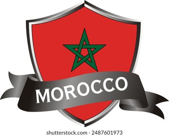 Flag of morocco as around the metal silver shield with morocco flag