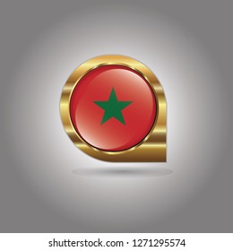 Flag of Morocco, button with the reflection of light and shadow, gold frame, Icon country. Realistic vector illustration on gray background.