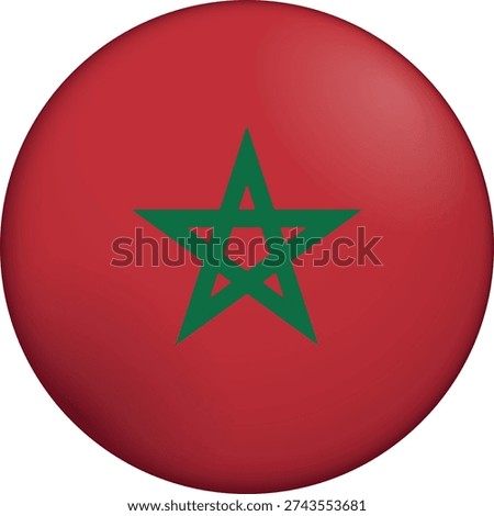 Flag of Morocco. Glossy circular flag. Button appearance. 3D Icon Design with depth. Professional, tactile look. Perfect for representing national identity in digital interfaces and perfect for websites