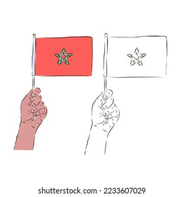 The flag of Morocco is in the hand of a man in color and black and white. The concept of German patriotism.