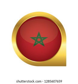 Flag of Morocco, location map pin, pointer flag, button with the reflection of light and shadow, gold frame, Icon country. Realistic vector illustration on white background.
