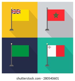 Flag of Morocco - Flag of Malta - Flag of Niue - Flag of Libya - The flat design of the 4 country flag on the flagpole . Modern World Flag design, Vector illustration template design