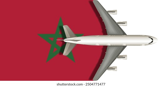 Flag of Morocco with a plane flying over it close up. Vector image.