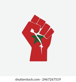 Flag of Morocco in the shape of raised hand sign isolated on background. Fist symbol modern, simple, vector, icon for website design, mobile app, ui. Vector Illustration