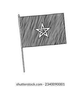 Bandera de Marruecos. Vector, bandera dibujada a mano en blanco y negro.
