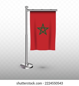 Flag of Morocco. Vector illustration of a vertical hanging flag with flagpole on a transparent background (PNG).