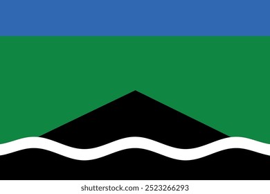 Una bandera con una montaña y una masa de agua. La bandera es verde y blanca. La montaña es negra y el agua es azul