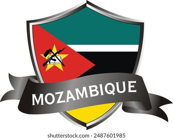 Flag of mozambique as around the metal silver shield with mozambique flag