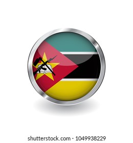 Flag of mozambique, button with metal frame and shadow. mozambique flag vector icon, badge with glossy effect and metallic border. Realistic vector illustration on white background.