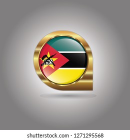 Flag of Mozambique, button with the reflection of light and shadow, gold frame, Icon country. Realistic vector illustration on gray background.