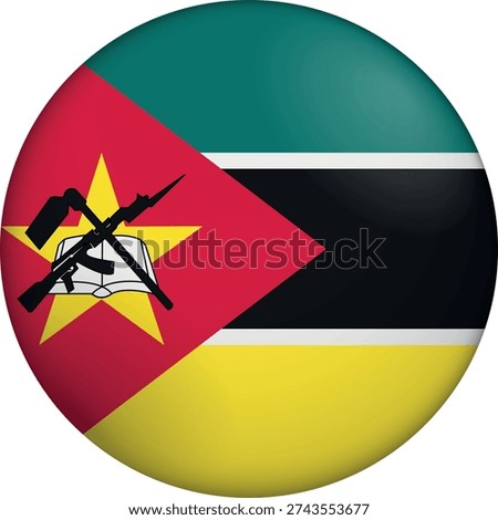 Flag of Mozambique. Glossy circular flag. Button appearance. 3D Icon Design with depth. Professional, tactile look. Perfect for representing national identity in digital interfaces and perfect for websites