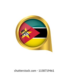 Flag of Mozambique, location map pin, pointer flag Mozambique, button gold, Icon country . Vector Illustration EPS10.