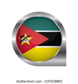 Flag of Mozambique, location map pin, pointer flag, button with the reflection of light and shadow, silver frame, Icon country. Realistic vector illustration on white background.