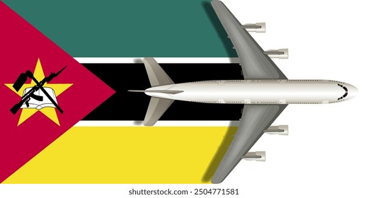 Flag of Mozambique with a plane flying over it close up. Vector image.