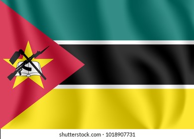 Flag of Mozambique. Realistic waving flag of Republic of Mozambique. Fabric textured flowing flag of Mozambique.