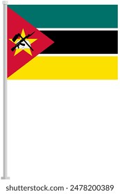 Bandera de Mozambique con el poste de plata icono plano aislado sobre fondo blanco.