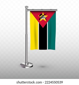 Flag of Mozambique. Vector illustration of a vertical hanging flag with flagpole on a transparent background (PNG).