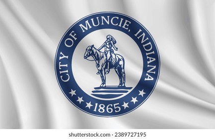 Flag of Muncie, Indiana, USA. Realistic waving flag of Muncie vector background.