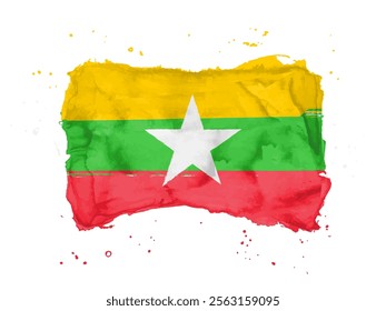 Flag of Myanmar brush stroke background.  Flag Republic of the Union of Myanmar on white background. Watercolor style for your web site design, app, UI.  EPS10.