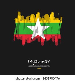 Flag of Myanmar with brush stroke, grunge style background vector.