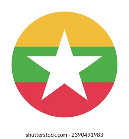Die Flagge von Myanmar. Button-Flag-Symbol. Standardfarbe. Circle Icon Flag. Computergrafik. Digitale Illustration. Vektorgrafik.