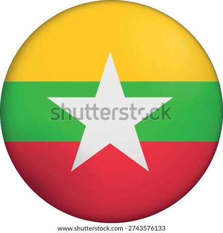 Flag of Myanmar. Glossy circular flag. Button appearance. 3D Icon Design with depth. Professional, tactile look. Perfect for representing national identity in digital interfaces and perfect for websites