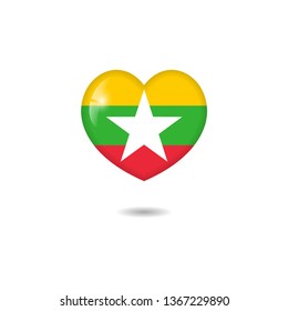 Flag of Myanmar heart 3d, Myanmar flag template design. Vector Eps 10