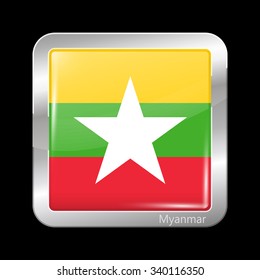 Flag of Myanmar. Metallic Icon Square Shape. This is File from the Collection Flags of Asia
