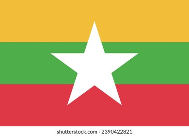 The flag of Myanmar. The official ratio. Flag icon. Standard color. Standard size. A rectangular flag. Computer illustration. Digital illustration. Vector illustration.