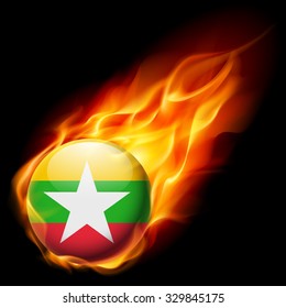 Flag of Myanmar as round glossy icon burning in flame